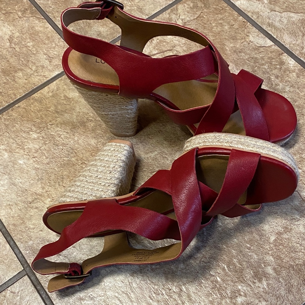 Lucky Brand Red Leather 9.5M Espadrille Heeled Sandals Slingbk Fall
